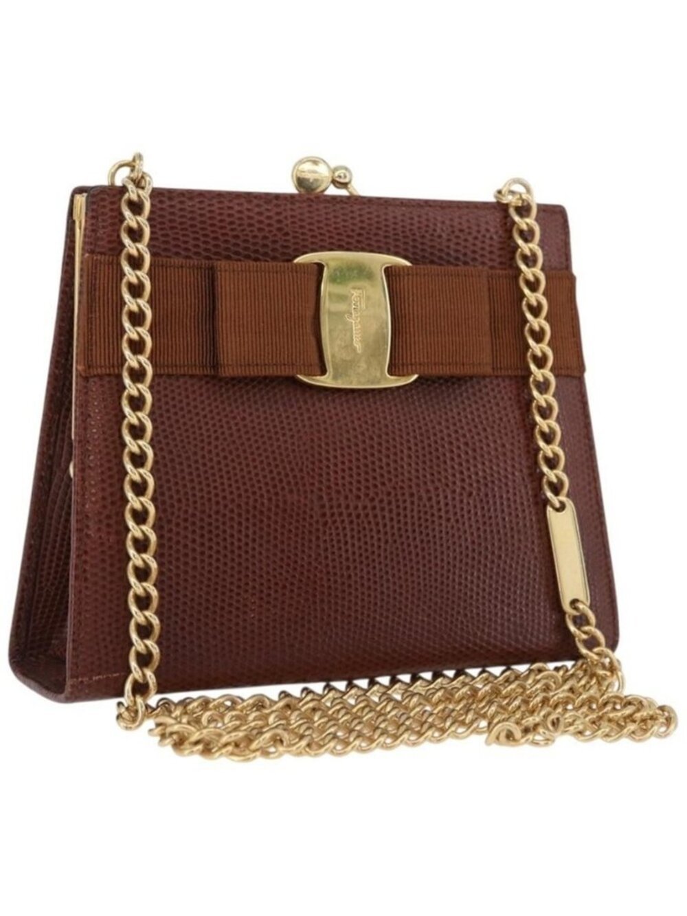 Authentic Salvatore Ferragamo Vala Chain Shoulder Bag Leather Brown Gold